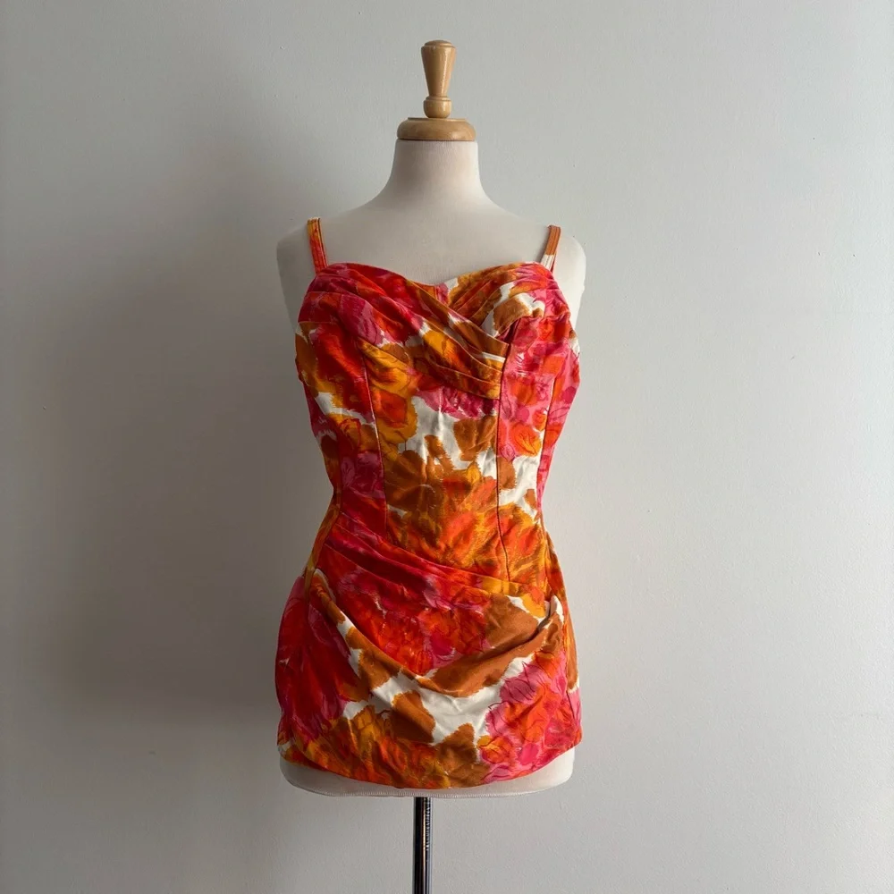 Vintage 1950s COLE of CALIFORNIA Pink, Orange & Gold Floral Ruched Bathing Suit - Picture 16 of 16